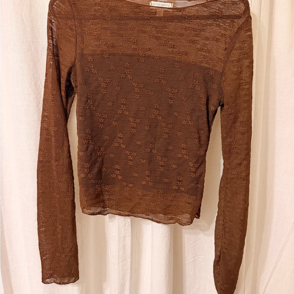 See You Monday Brown Sheer Floral Long Sleeve Top